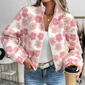 Women's Elegant Casual/Commuting Floral Sherpa Zip Front Stand Collar Jacket